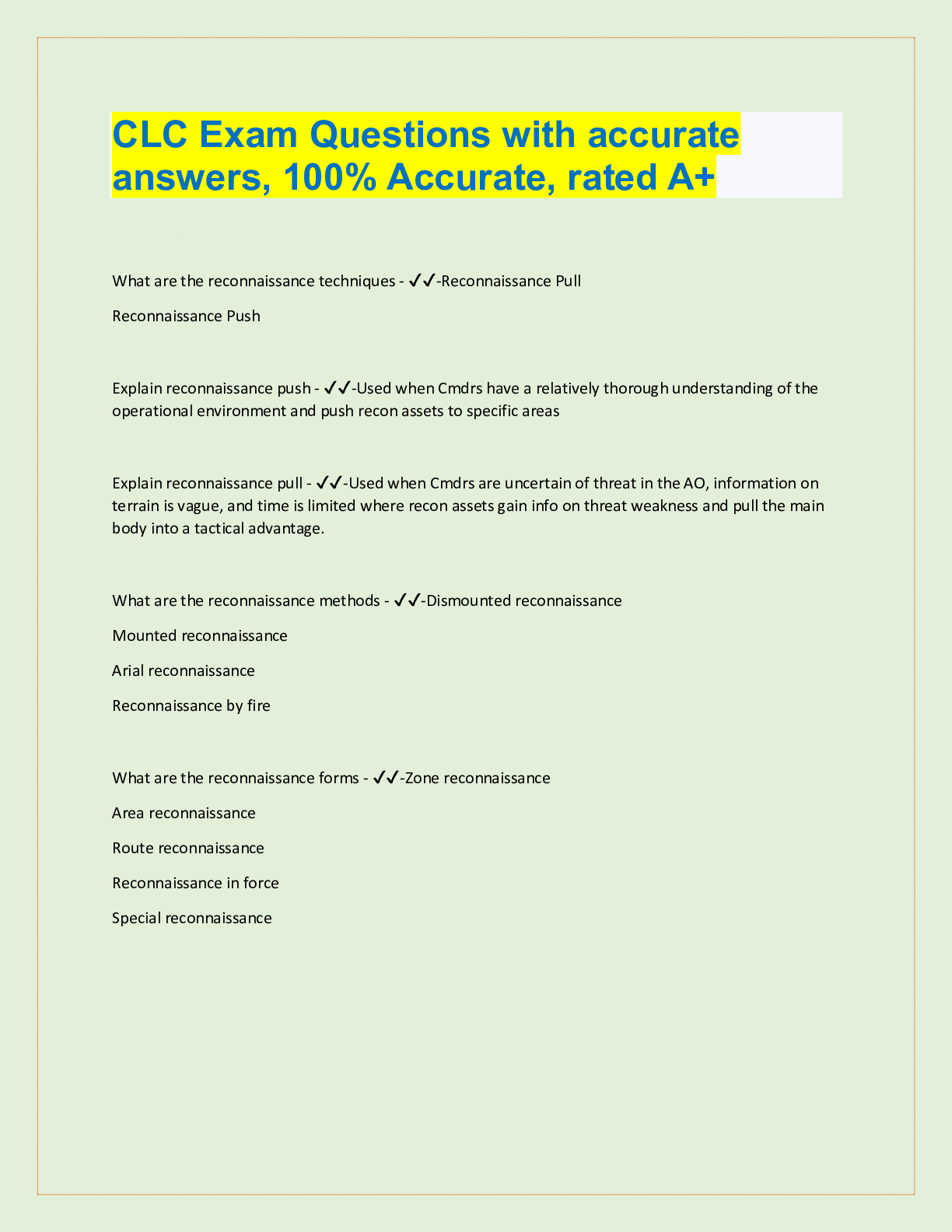 Preview image for CLC Exam Questions with accurate  answers, 100% Accurate, rated A+